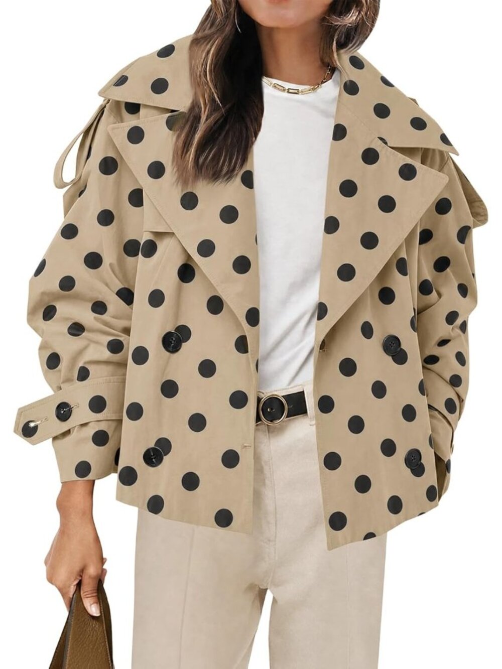Women's Light Khaki Polka Dot Crop Trench Double Breasted Short Jacket w/ Belt